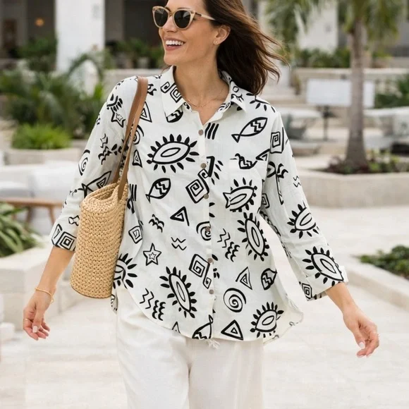 BLU PEPPER Linen Blend Button Up Shirt M Long Sleeve Boho Artsy Resort Vacation - Picture 1 of 13